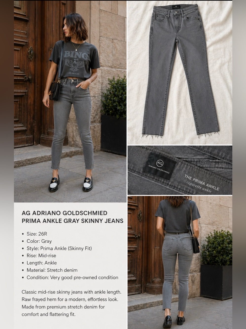 AG Adriano Goldschmied Prima Ankle Gray Skinny Jeans Women Size 26R Mid Rise .